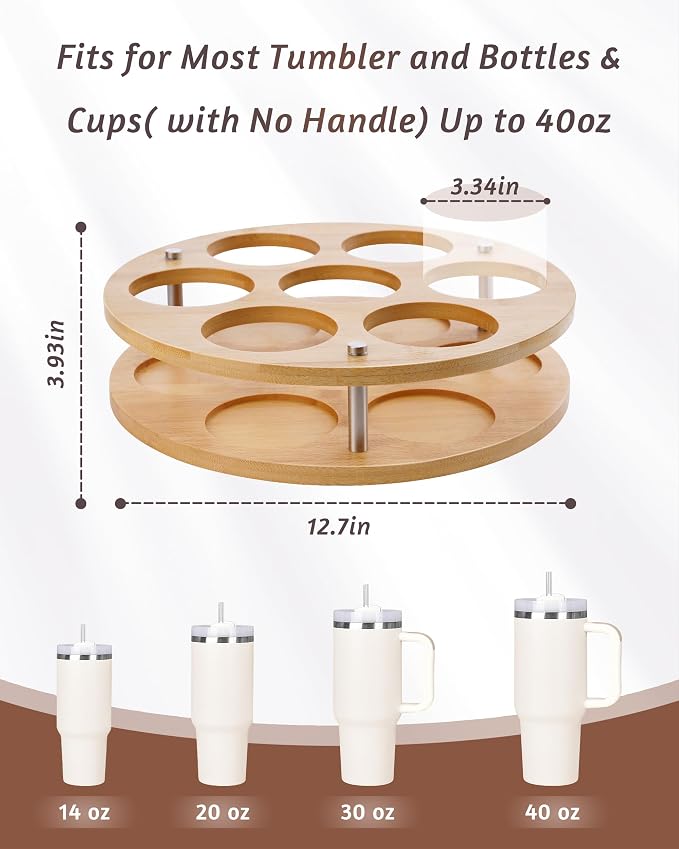 2Pack Rotating Wood Tumbler Organizer, 30 oz 40 oz Spinning Turnable Tumblers Holder, 360° Rotatable 7 Large Cups Bottle Tumbler Storage Display Stand, Rotate Syrup Organizer for Cabinet Countertop - Image 6