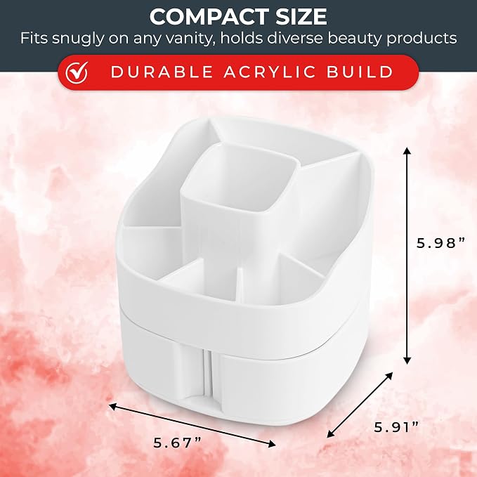 Masirs Small 360 Rotating Makeup Organizer, 5 Compartments, Square White - Image 3