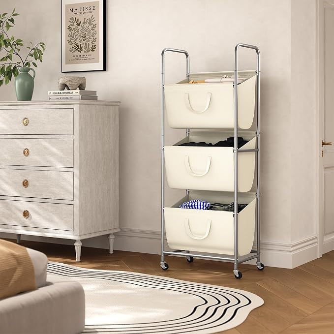 ELYKEN 3-Tier Vertical Rolling Laundry Hamper with Wheels & Removable Bags - Image 2