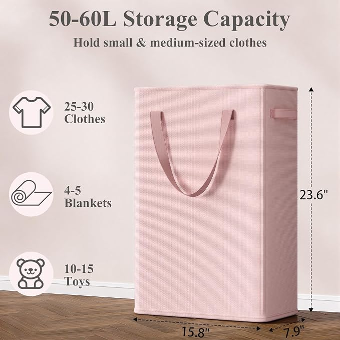 Optish 50L Pink Slim Laundry Hamper, Narrow Laundry Basket with Handles, Baby Girl Hamper for Nursery, Dorm, Bedroom, Living Room, Collapsible Laundry Basket - Image 3