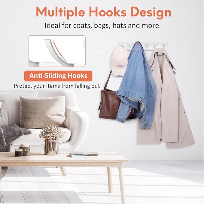 Optish Coat Rack Wall Mount, Coat Hook Wall Mount, Wall Hooks for Hanging, Hat Rack for Walls, Coats Hanger with 12 Hook, Towel Hooks for Bathrooms (1 Pack, Silver) - Image 2
