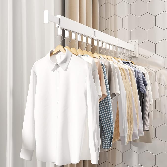 HEILAIYI Clothes Drying Rack,Laundry Drying Rack,Wall Mounted Clothes Rack,Laundry Rack Wall Mount,Folding Retractable Collapsible Drying Rack Clothing (Three-Poles,Loop Hooks,White) - Image 6