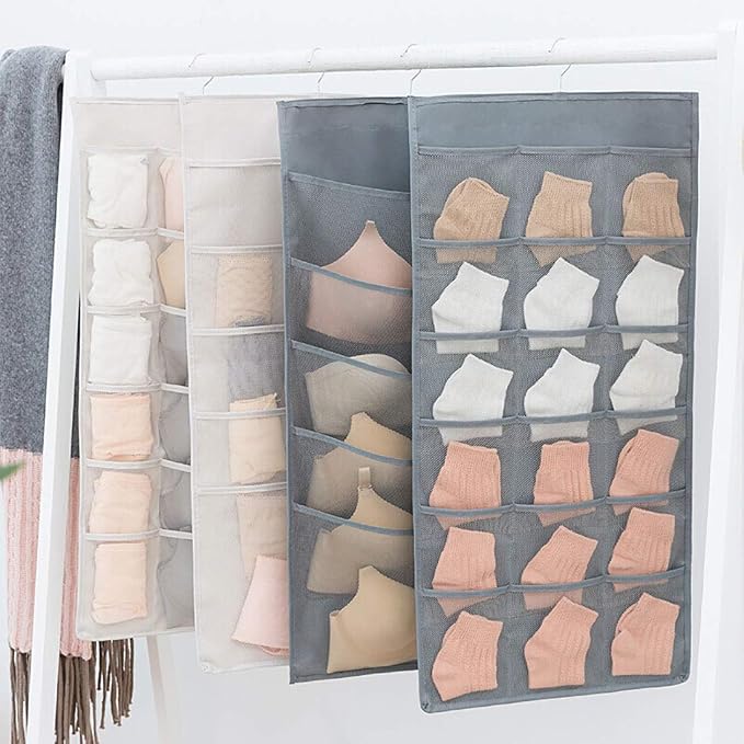Closet Hanging Organizer with Mesh Pockets & Rotating Metal Hanger,Dual Sided Wall Shelf Wardrobe Storage Bags,Oxford Cloth Space Saver Bag for Bra Underwear Underpants Socks (gray) - Image 6