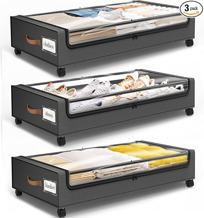 Under Bed Storage with Wheels 3Pack Storage Containers with Clear Window | Under Bed Drawers Rolling Under Bed Storage for Clothes,Shoes, Blankets (30.71 x 16.93 x 6.69 in, Dark Grey) by SpaceHacks