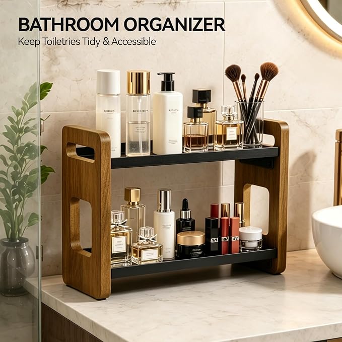 2-Tier Acacia Wood Bathroom Countertop Organizer and Storage, Vanity Bathroom Sink Organizer Shelf for Skin Care Makeup Cologne and Perfume, Small Dresser Counter Organizer-Brown - Image 4