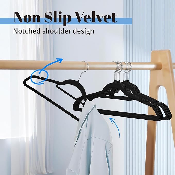 Smartor Black Velvet Hangers 120 Pack, Non-Slip Clothes Hanger with Tie Bar - Image 2