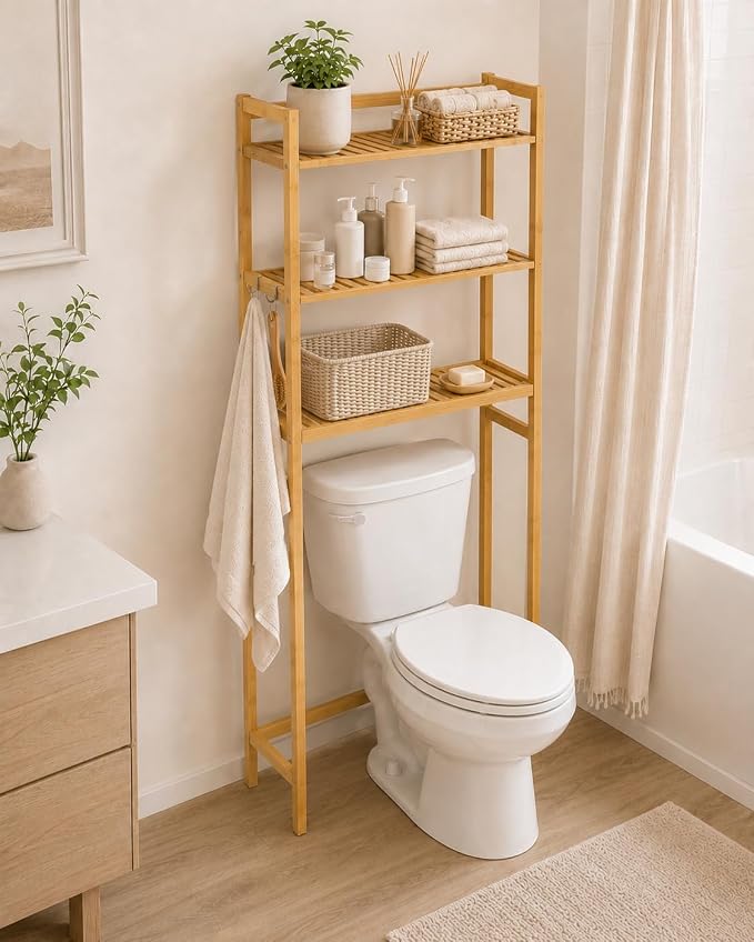 Over The Toilet Storage,Natural Bamboo Over Toilet Bathroom Organizer with 3-Tier Shelves and Hooks,Space-Saving Bathroom Shelf for Towels,Toiletries and Small Bathroom Storage - Image 4
