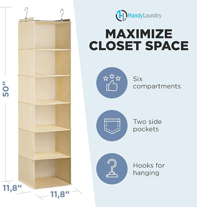 Handy Laundry Hanging Closet Organizer - 6 Shelf Storage for Clothes, Sweaters, Shoes & Accessories - Space-Saving Wardrobe Shelves with Hooks for Dorm, RV & Small Closet Organization (Beige) - Image 2