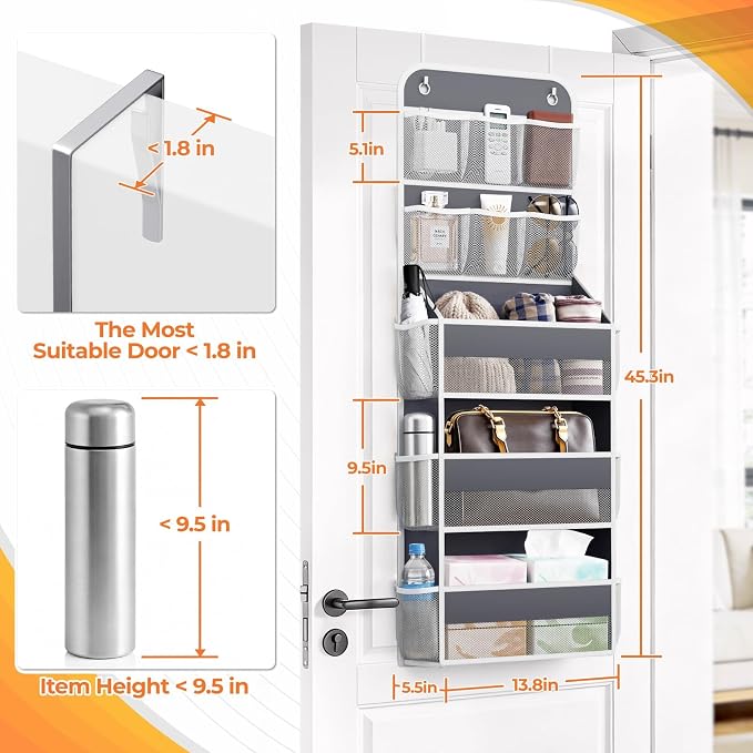 SpaceHacks 5-Tier Over the Door Organizer with Mesh Pockets, Dark Grey - Image 2