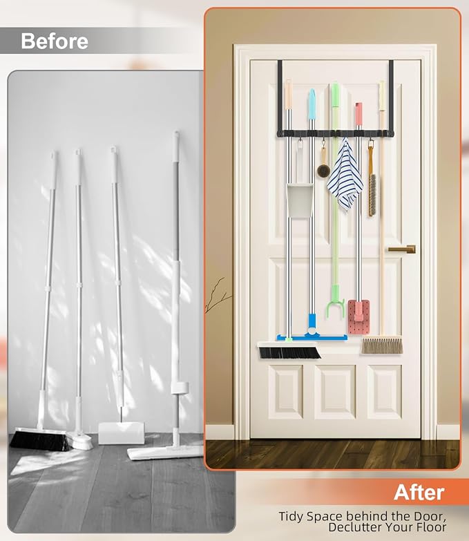 Broom Holder Over The Door with 4 Over Door Hook, Drilling Free Mop - Black - Image 2