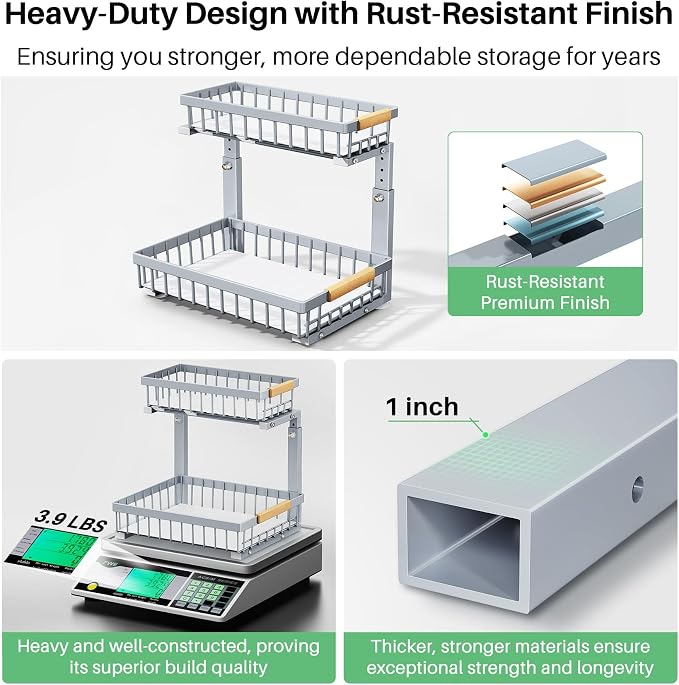 Kitstorack Under Sink Organizer, 2 Tier Under the Sink Storage, Slide out Pull out Cabinet Organizer Shelf, Metal Sliding Drawer for Kitchen Bathroom Pantry Closet Organization Rack, Grey, 2 Pack - Image 5