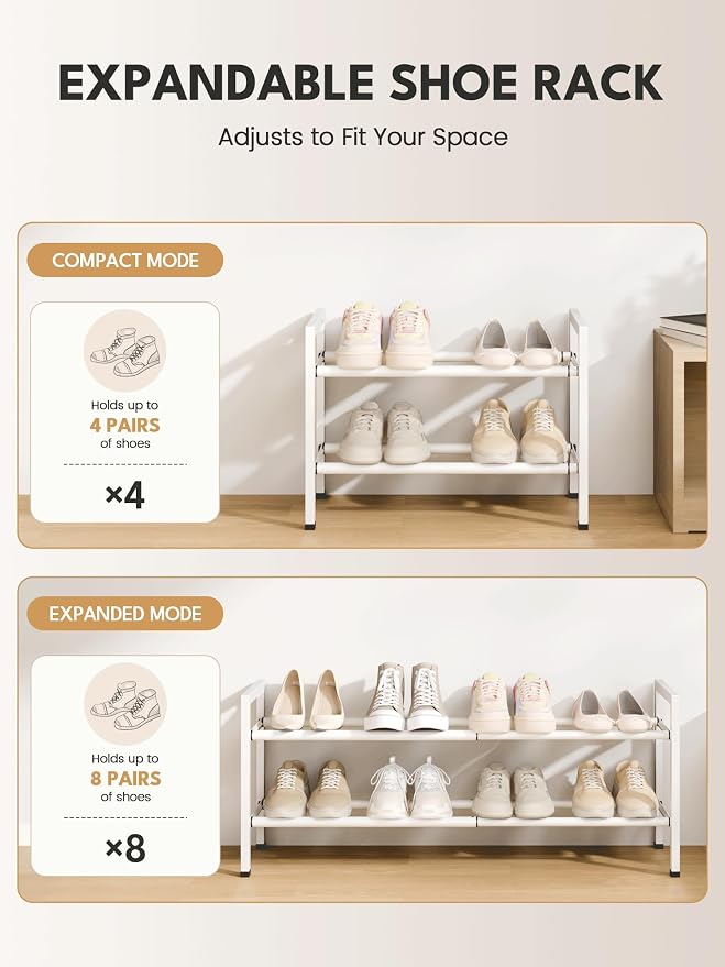 Bumusty 2 Tier Expandable Shoe Rack for Closet, White | 18"-33" Adjustable Shoe Rack for Entryway, Small Shoe Organizer for Dorm, Front Door, Sturdy Metal - Image 6