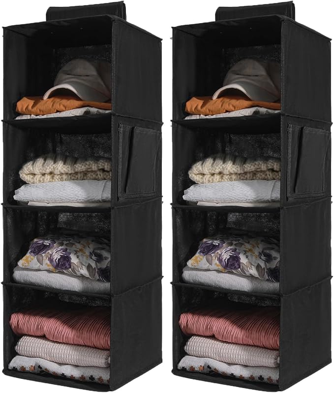 2 Pack Hanging Closet Organizer, 4-Shelf Hanging Shelves with Side Pocket, Black by WelcometoYRCBEHFU