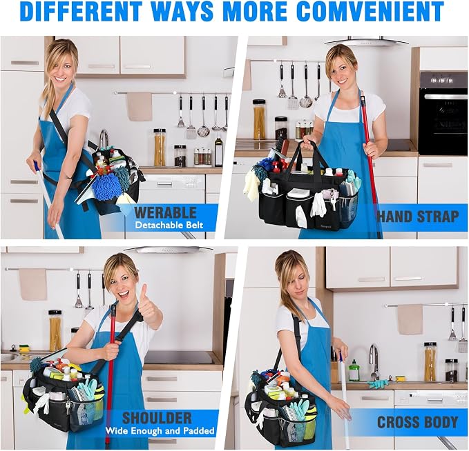 Extra Large Cleaning Caddy Bag with 4 Foldable Dividers, Wearable Cleaning Caddy Organizer with Handle & Shoulder Strap & Waist Strap, Housekeeping Tote for Cleaners, Black - Image 6