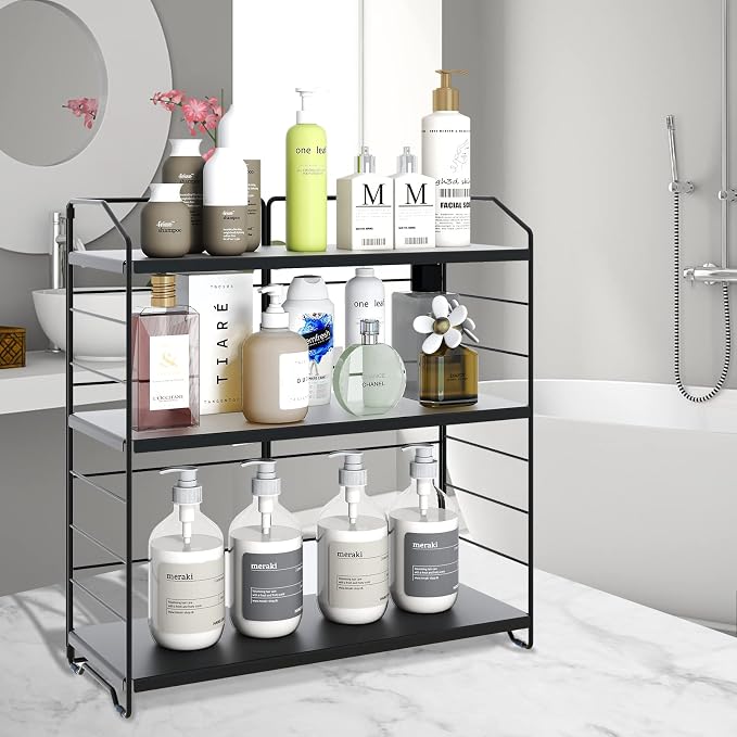 BOIVSHI Bathroom Countertop Organizer, 3-Tier Bathroom Counter Organizer, 8-Levels Height Adjustable, Bathroom Organizer for Kitchen, Pantry, Livingroom, Offices Storage, Metal Black - Image 2