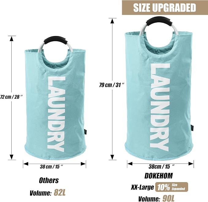 DOKEHOM 90L Large Laundry Basket Bag, Collapsible Tall Hamper, Light Blue - Image 3