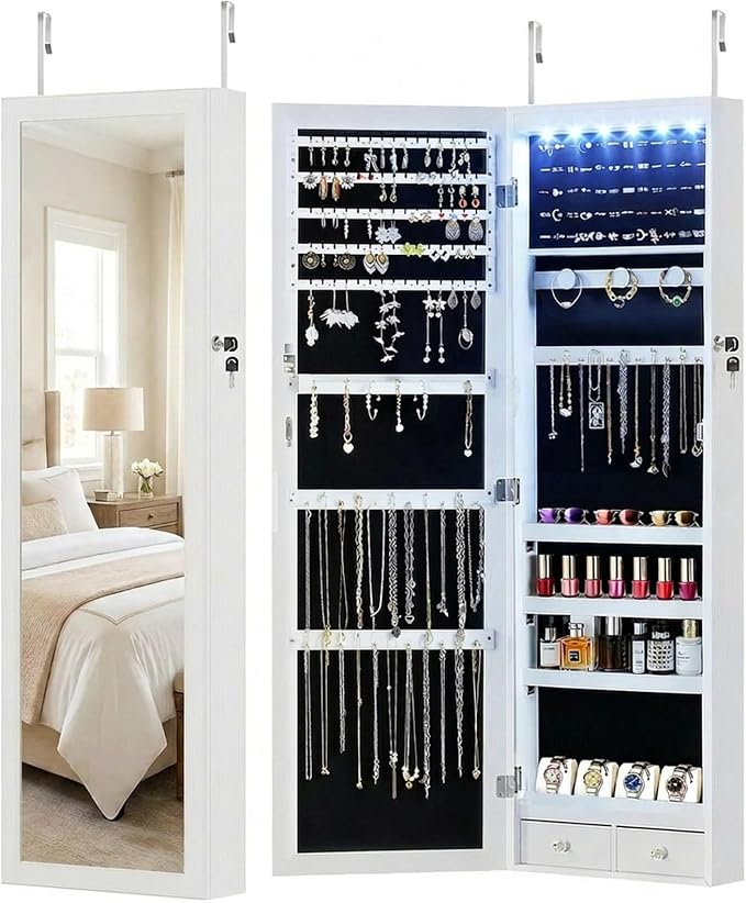 DUMOS 6 LEDs Mirror Jewelry Cabinet, Wall or Door Mounted Jewelry Organizer, 47.2-Inch Tall Lockable Large Capacity Cosmetic Storage, Gift Idea, White by DumosLifestyle