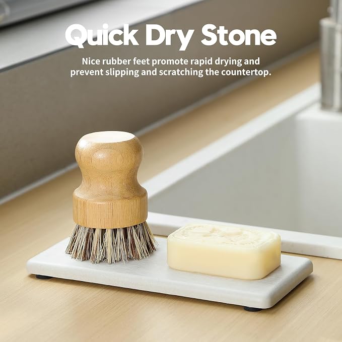 2PCS 7"x3.5" Water Absorbing Bathroom Sink Vanity Trays, Diatomite Stone Quick Drying Mat for Kitchen Counter, Dish Rack Dispenser Sponge Holder Caddy Organizer, Beige, 7"x3.5" - Image 2
