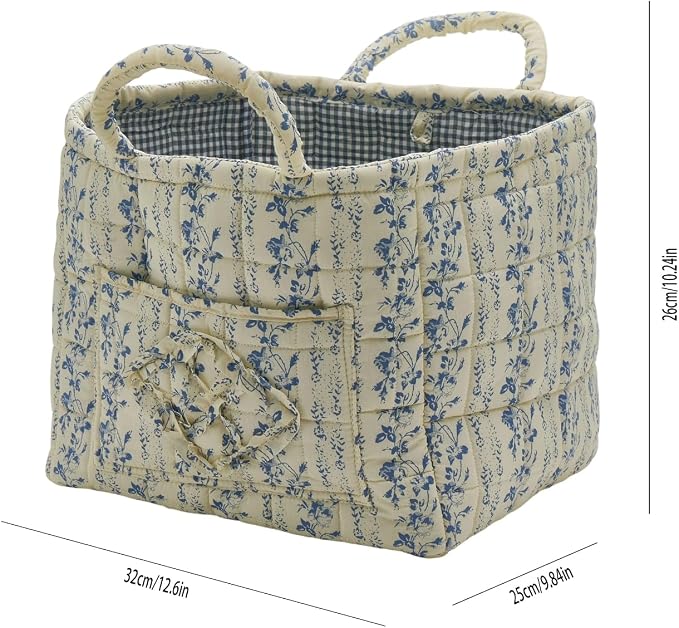 Quilted Fabric Storage Basket with Handles & Pocket, Foldable Laundry Hamper Boho Floral Print Organizer Bin for Home, Picnic, Office 12"x10"x10" (B-5) - Image 6