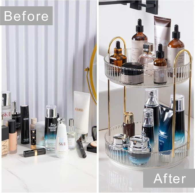 shuang qing Rotating Makeup Organizer for Vanity, High-Capacity Skincare Clear Make Up Storage Perfume Organizers Cosmetic Dresser Organizer Countertop 360 Spinning (Clear, 2 Tier) - Image 4