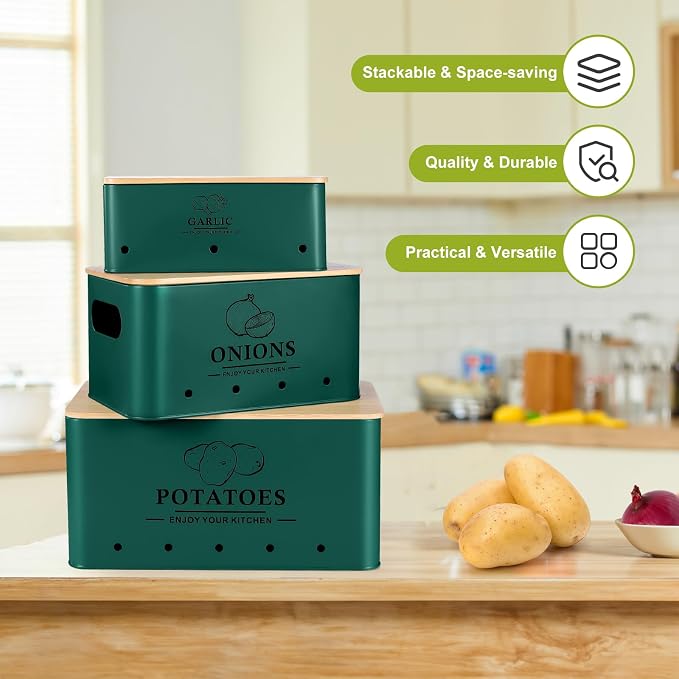 Kitchen Vegetable Storage Set of 3, Metal Onion Garlic Potato Storage Set, Kitchen Canisters Vegetable Keeper Containers with Aerating Holes and Bamboo Lid,Alpine Green - Image 5