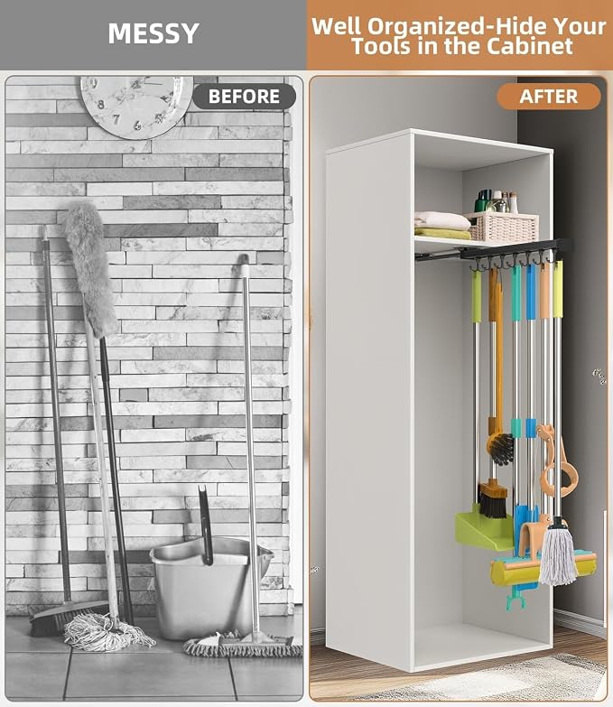 Pull Out Broom Holder With Adjustable Double Row Sliding Hook-Black 16.14in - Image 5
