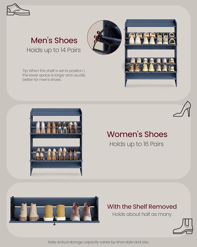 VASAGLE Narrow Shoe Storage Cabinet Organizer with 2 Flip Drawers | Freestanding Shoe Rack, Fits 14 to 16 Pairs, for Entryway, Farmhouse Style, Rustic Blue, HAINS Collection UHSC203QR01S - Image 5