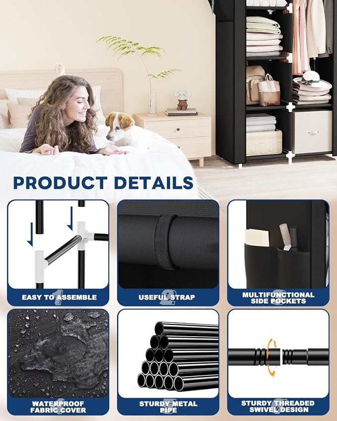 Mavivegue Portable Closet,Wardrobe Closet,Wardrobe,Portable Closets for Hanging Clothes,for Bedroom and Living Room, Black - Image 3