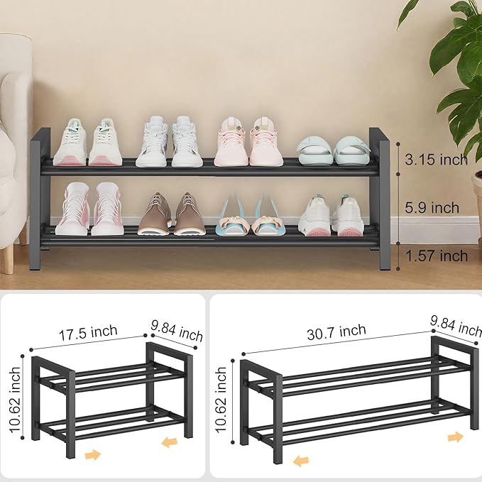 Expandable Metal Shoe Rack for Closet & Entryway, Shoe Storage Organizer | 2 Tier • Adjustable Width • Holds 6–9 Pairs • Heavy-Duty Steel • Space-Saving Design • Easy Assembly - Image 3