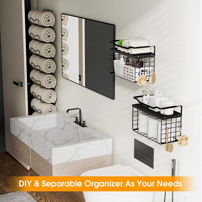 Towel Racks for Bathroom,Towel Rack Wall Mounted, 6 Tier Rolled Or Folded Towel Holder with Floating Shelves, Bathroom Towel Holder for Bath, Hand Towels,Metal and Wood,Full Black - Image 5