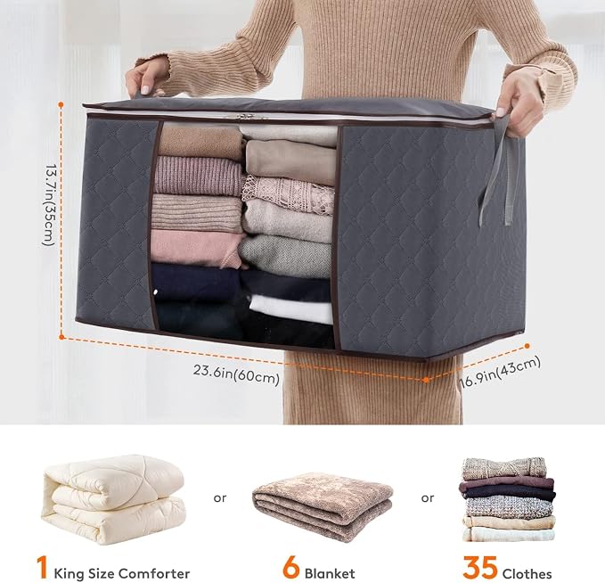 Lifewit 3 Pack 90L Clothes Storage Bins with Lids, Foldable Blanket Storage Bags with Zippers, Clear Window and Reinforced Handles, Closet and Organization for Clothing, Sweater, Comforter, Bedding - Image 2