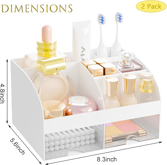 Makeup Organizer with 2 Drawers, Cosmetic Storage for Dresser Vanity and Bathroom Countertop,Make up organization and Skincare Storage with Beauty Brush Holder, Cosmetic Display Case 2Pcs White - Image 3