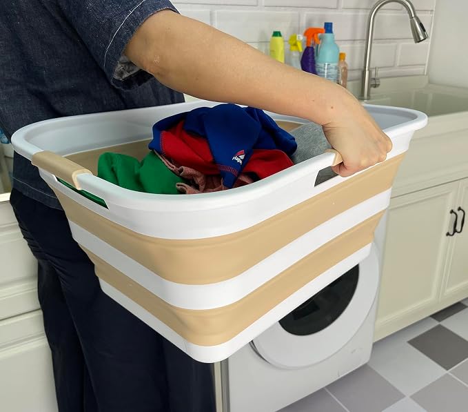 SAMMART 42 (11 Gallons) Collapsible Plastic Laundry Basket, Foldable Pop Up Storage Container/Organizer, Space Saving Hamper, Portable Bin for Dorm Room Bathroom (2, White/Beige) - Image 6