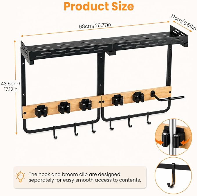 CONNOO Broom Holder Wall Mount with Shelf, Vacuum Organizer - Image 4