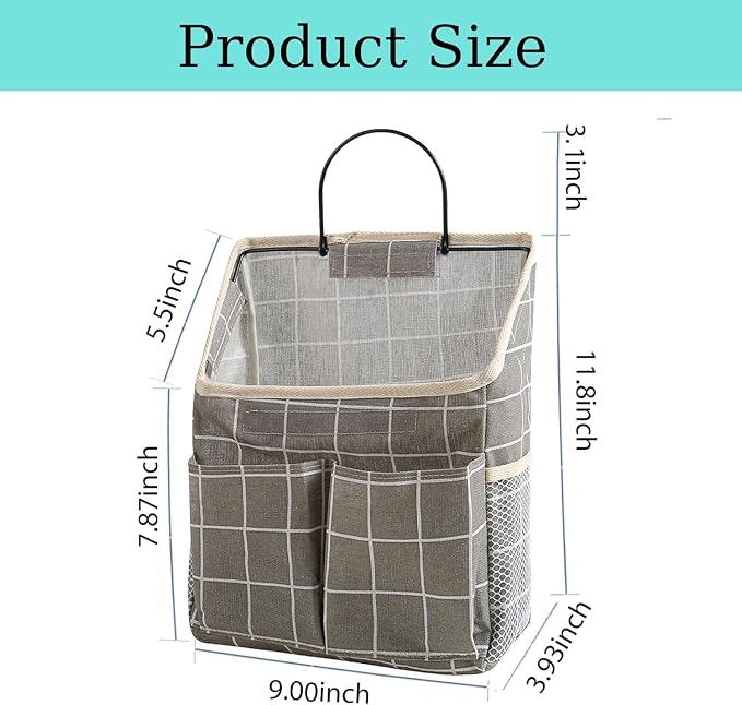 2pcs Wall Hanging Storage Bag,Wall Hanging Organizer Bags with Pockets, Wall Organizer Storage for Dormitory Bathroom Bedroom Kitchen(Grey Grid) - Image 2