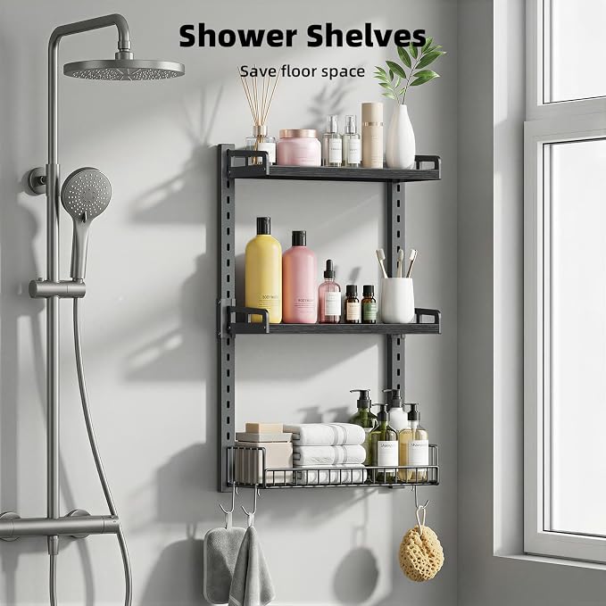 Kalrin 3 Tier Bathroom Shelves Over Toilet - Wall Mounted Floating Shelves with Drain Basket, Toilet Paper Storage, Height Adjustable Over The Toilet Storage, Pure Black - Image 5