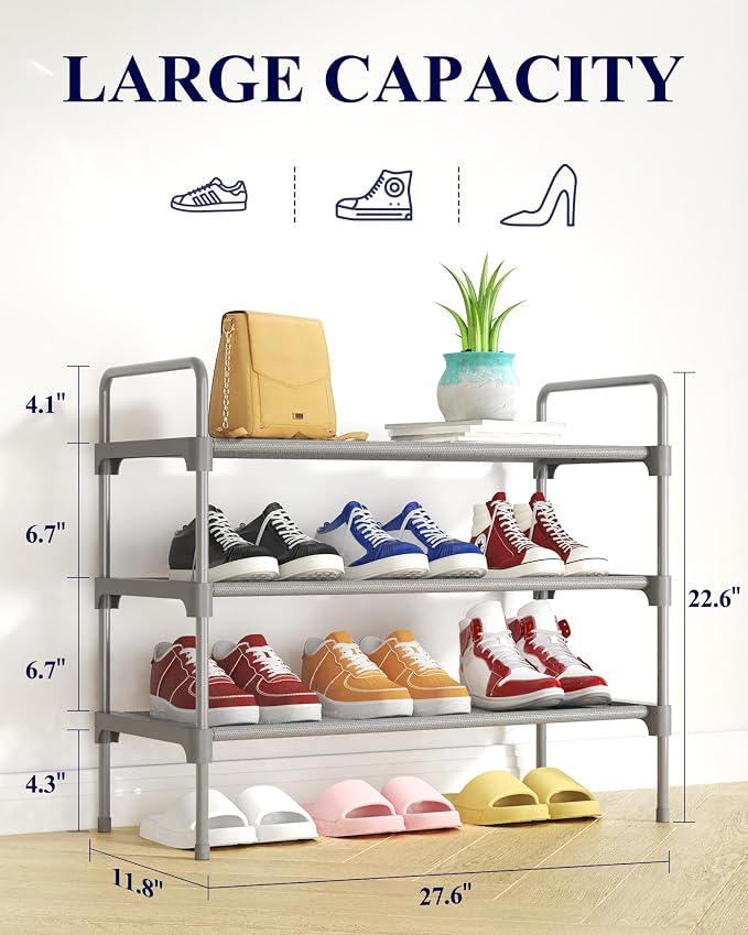 Kitsure Shoe Rack for Closet, Shoe Storage, 27.6" Wide - 3 Tiers, Grey | Shoe Organizer for Closet, Entryway, Living Room, Space-Saving Shoe Shelf, Sturdy Zapateras Organizer - Image 2