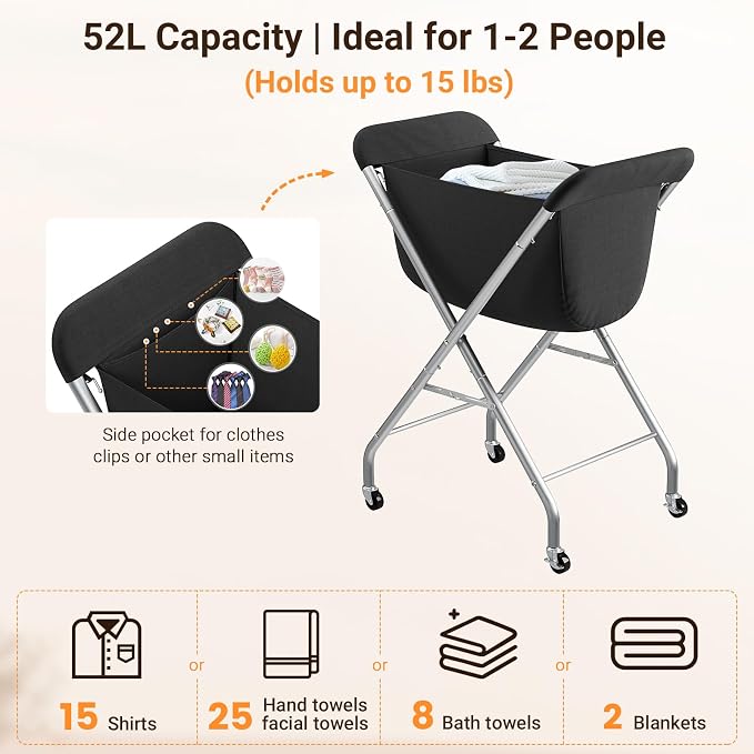 ELYKEN Laundry Basket with Wheels, Collapsible Laundry Hamper, Black - Image 6