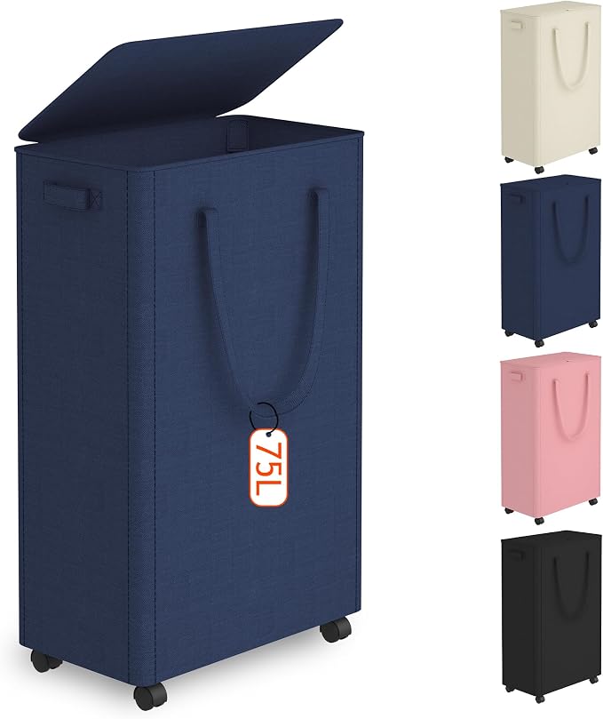 Slim Laundry Hamper with Wheels,20 Gal (75L) Rolling Laundry Basket with lid and wheels Clothes Hamper Foldable Tall Dirty Clothes Basket Sturdy Collapsible Clothes Hamper for Dorm,Laundry Room by Vincona