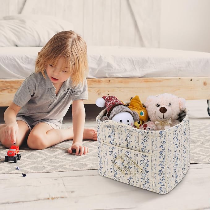Storage Basket Boho Fabric Large Collapsible Floral Laundry Nursery Hamper Portable Folding Storage for Clothes Toys (Vine-Blue C) - Image 2