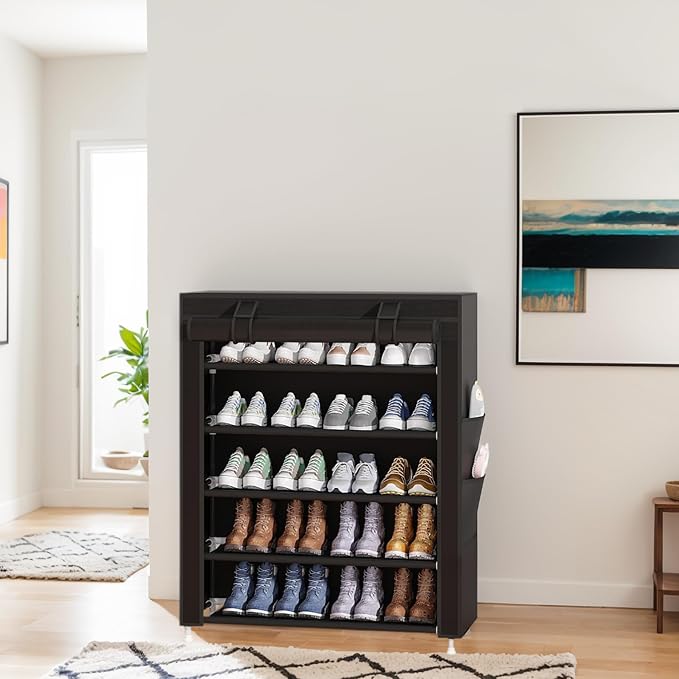 Laiensia 5-Tier Vertical Shoe Rack Organizer, Space Saving Shoe Storage Organizer, Non-Woven Cover Shoe Shelf Holds 20-25 Pairs for Bedroom, Hallway, Closet Entryway, Black - Image 9