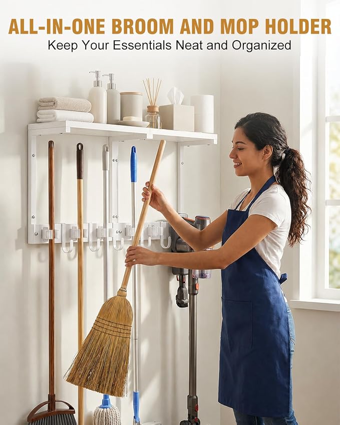 Large Broom Holder Wall Mount with Shelf, Vacuum Organizer, 5 Slots 5 Hooks - Image 3