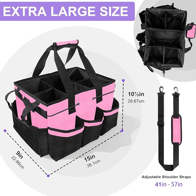 ALSLEA Cleaning Caddy Bag Heavy-Duty Organizer Tote for Housekeepers, Janitors & Home Cleaning Supplies with Adjustable Shoulder Strap & Multiple Pockets (Pink) - Image 7