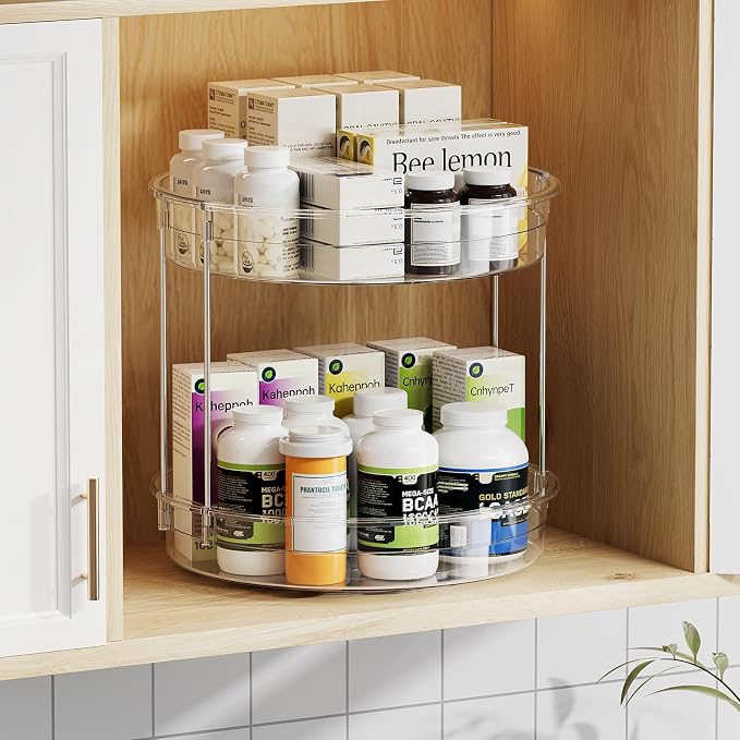 LAMU 2 Pack 2 Tier Lazy Susan Turntable Organizer 12inch Rotating Spice Rack Organization for Cabinet, Kitchen, Pantry, Countertop, Bathroom, Vanity, Medicine Cabinet Organizer, Clear - Image 5