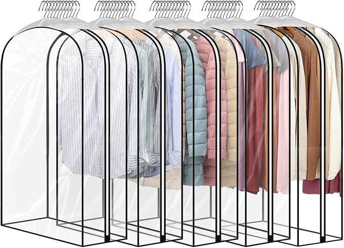 5 Pack 40" All Clear Garment Bags for Hanging Clothes Storage, 10" Gusseted Large Capacity Garment Rack Cover, Large Hanging Clothing Bag for Dress Gowns, Coats, Suit, Down Jacket by JUMBO+FILTER