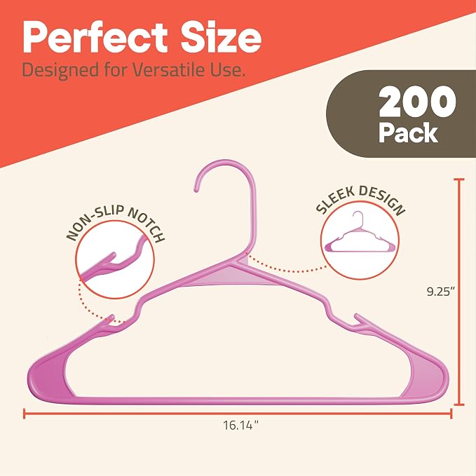 Pink Plastic Hangers 200 Pack– Heavy-Duty Plastic Hangers Slim and Space-Saving, Durable and Lightweight PP with Non-Slip Shoulder Notches for Slip Dresses, Suits, Jackets & Camisoles - Image 2