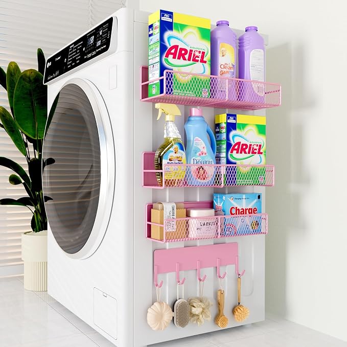4 Pack Magnetic Shelves for Washing Machine, Heavy-Duty Magnetic Laundry Organizer with Hooks, Washing Machine Shelf for Refrigerator, Metal Storage Baskets, Closet & Laundry Room Organization (Pink) by DTUQYX