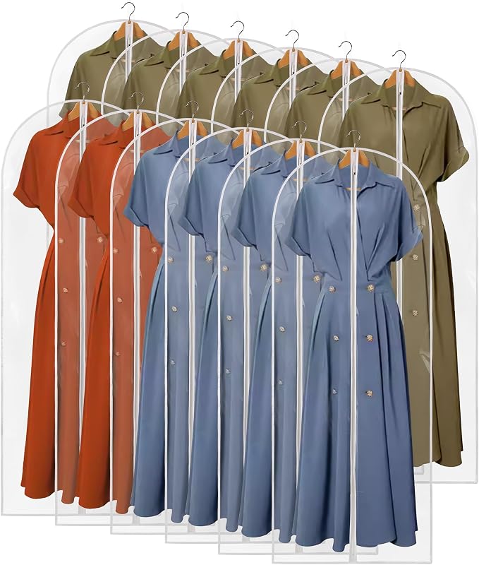 60" Dress Bags for Gowns, 12 Packs All Clear Garment Bags for Hanging Clothes, Plastic Waterproof Dress Cover with Zipper for Dresses, Coats, Uniforms (Set of 12) by Perber