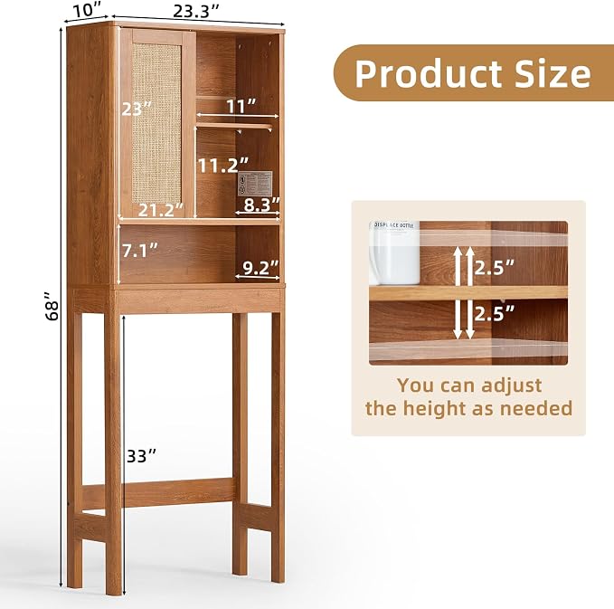 LEYAOYAO 68" Boho Over the Toilet Storage Cabinet with Rattan Sliding Door - Image 2
