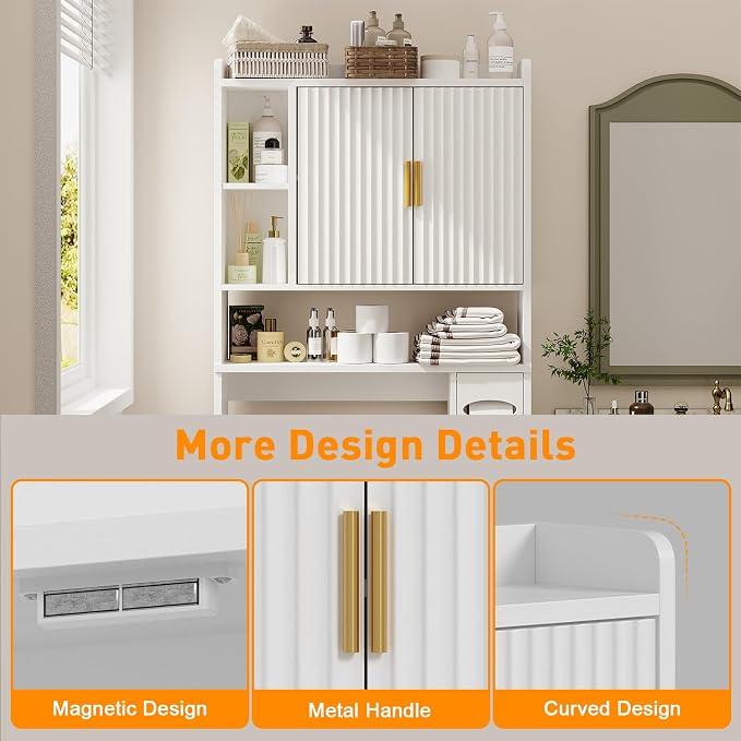 knoworld Fluted Over The Toilet Storage Cabinet, Above Toilet Bathroom Organizer with Toilet Paper Holder, Modern Behind Toilet Cabinet, Space Saver for Restroom, Bathroom, Laundry, White - Image 5